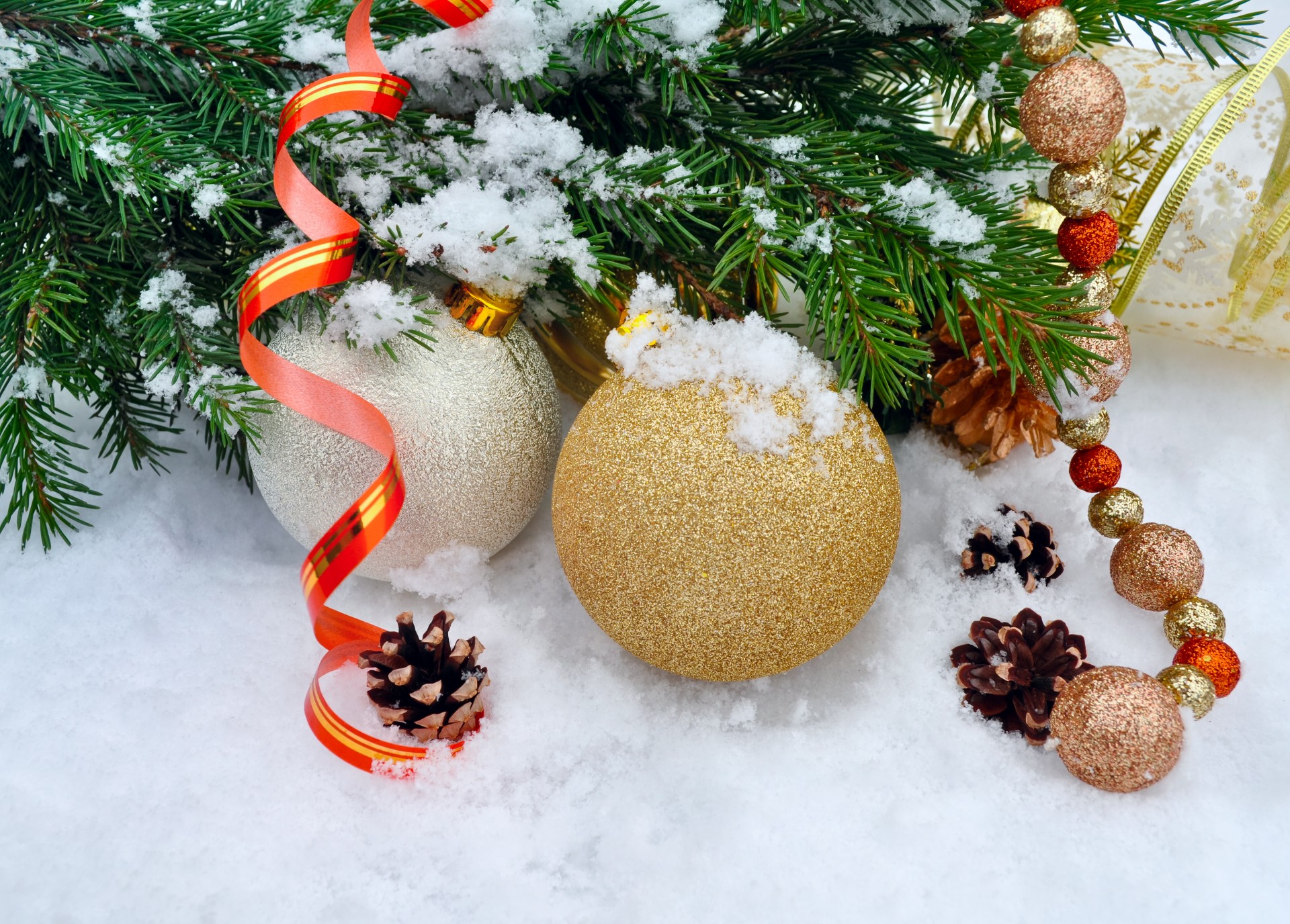 Christmas background with gold balls and Christmas tree