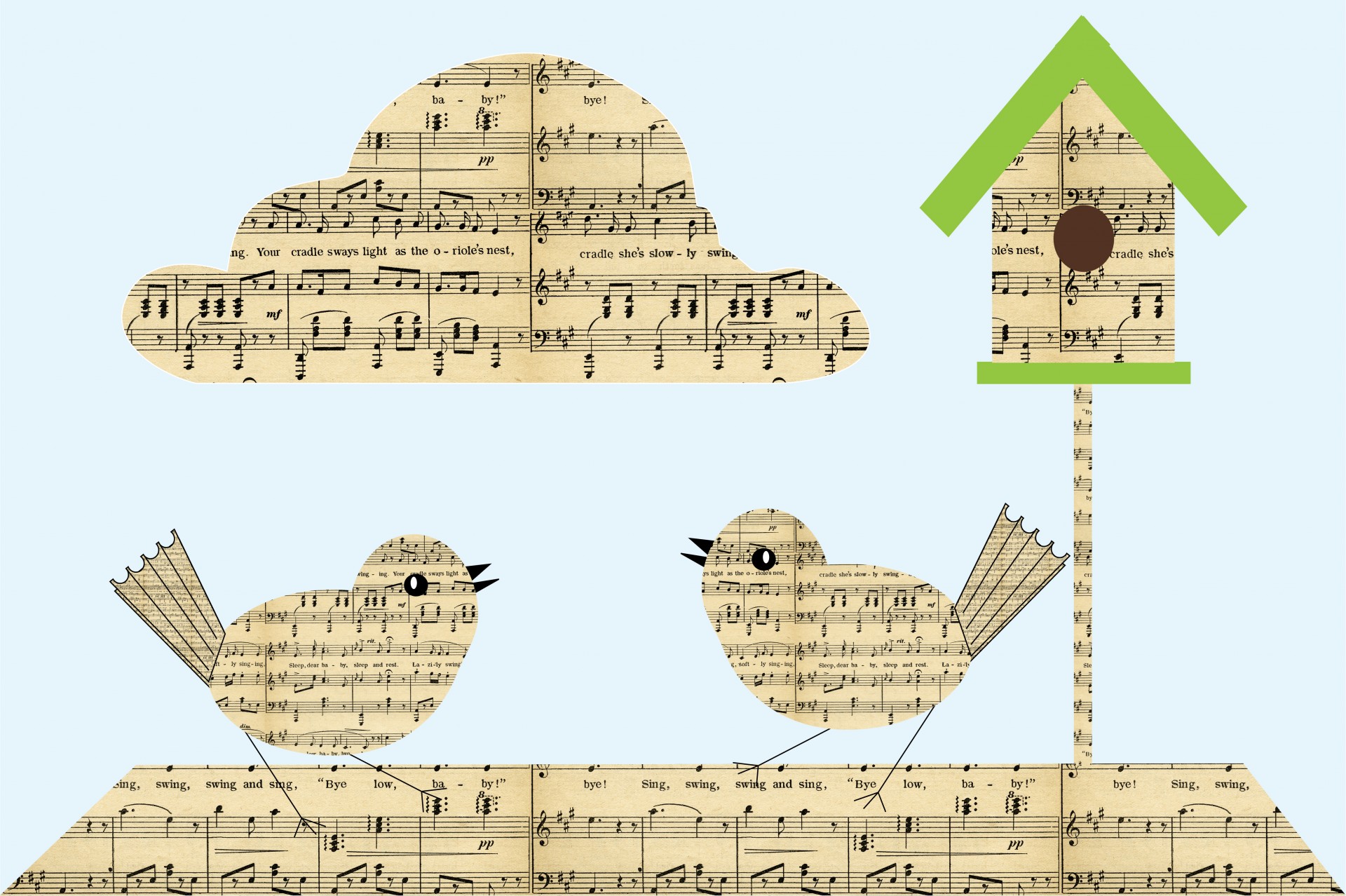 Cute whimsical paper birds made of sheet music notes