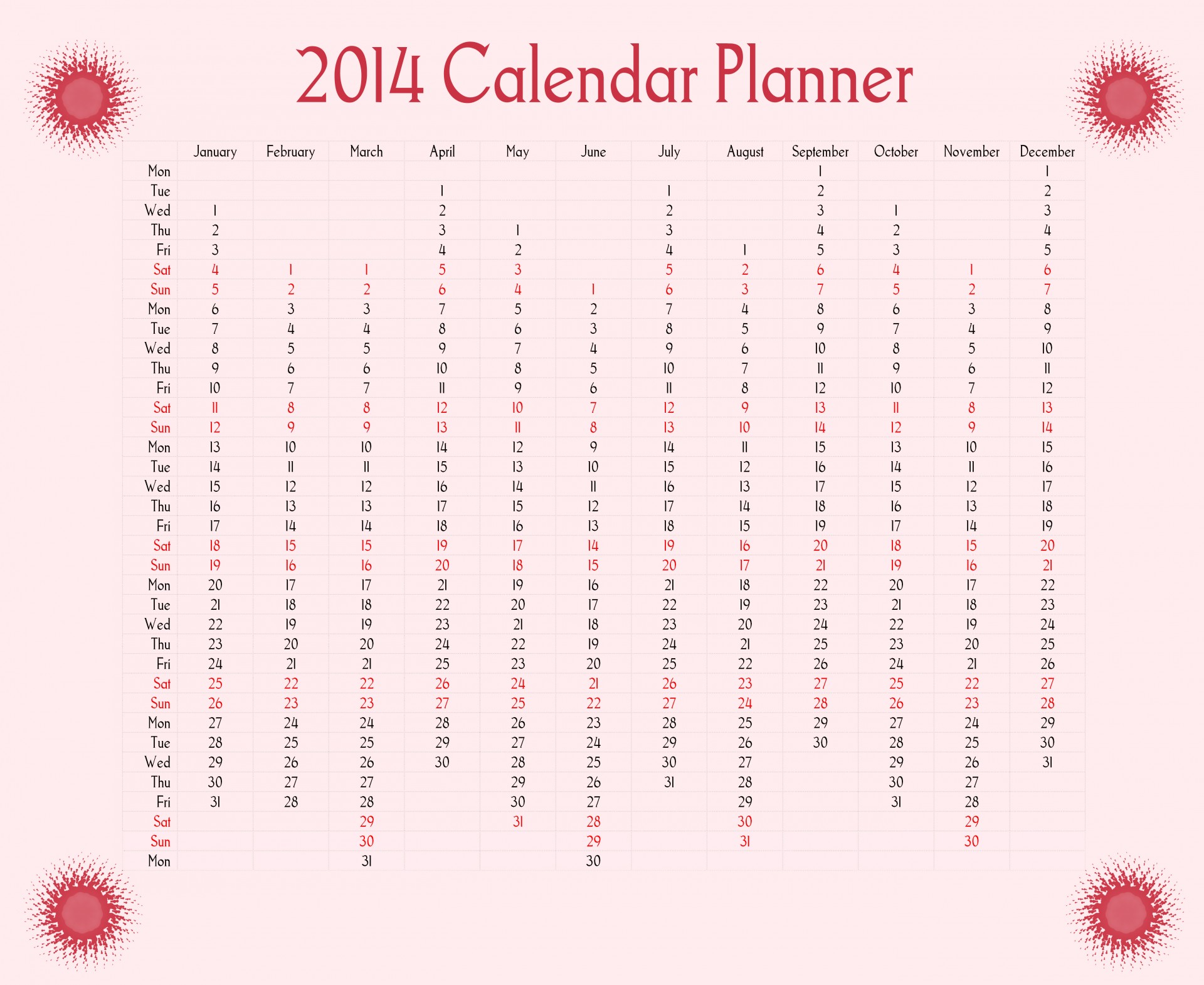 Red Sun 2014 Calendar Planner