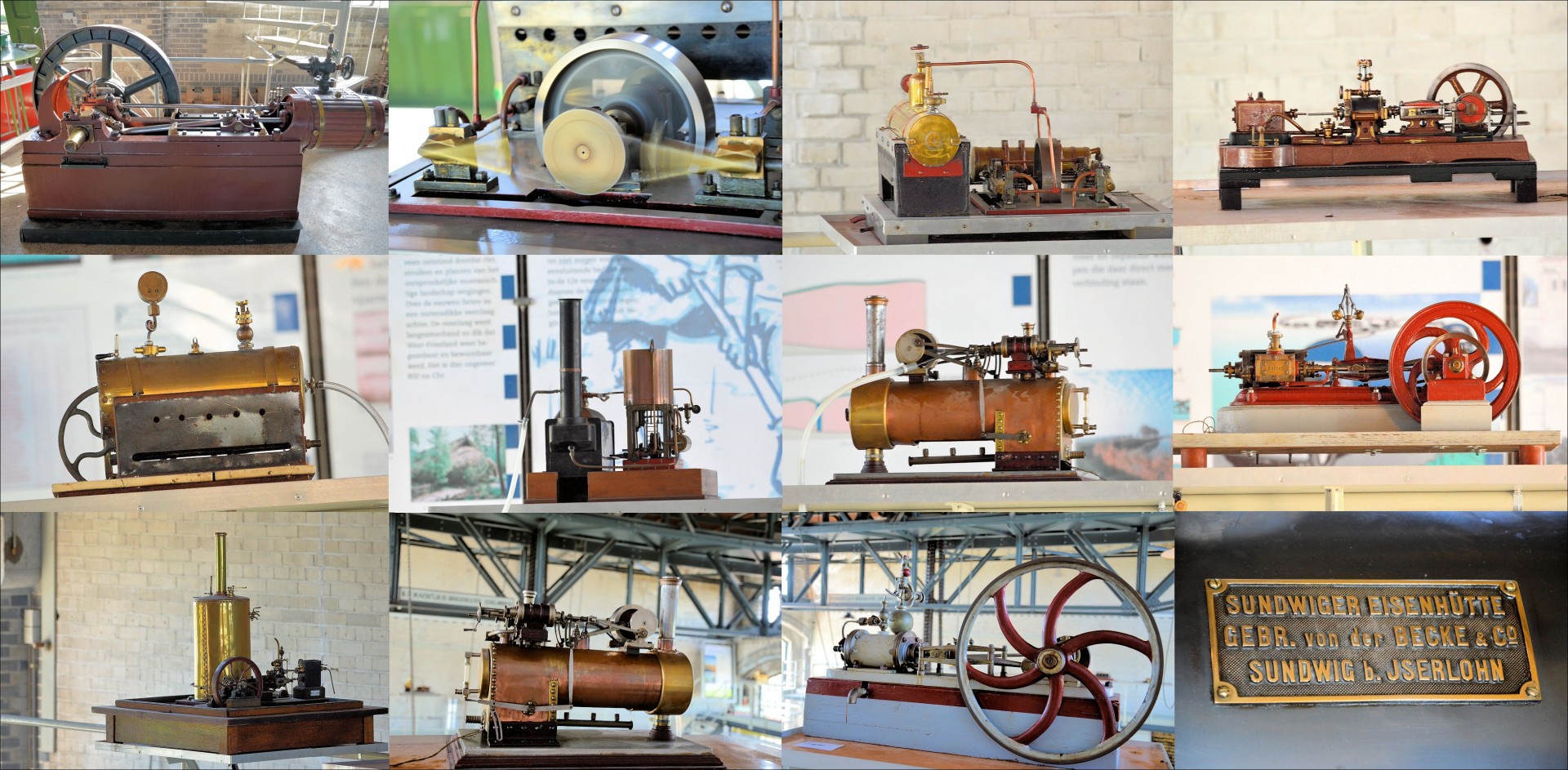 A collage with miniature steam engines