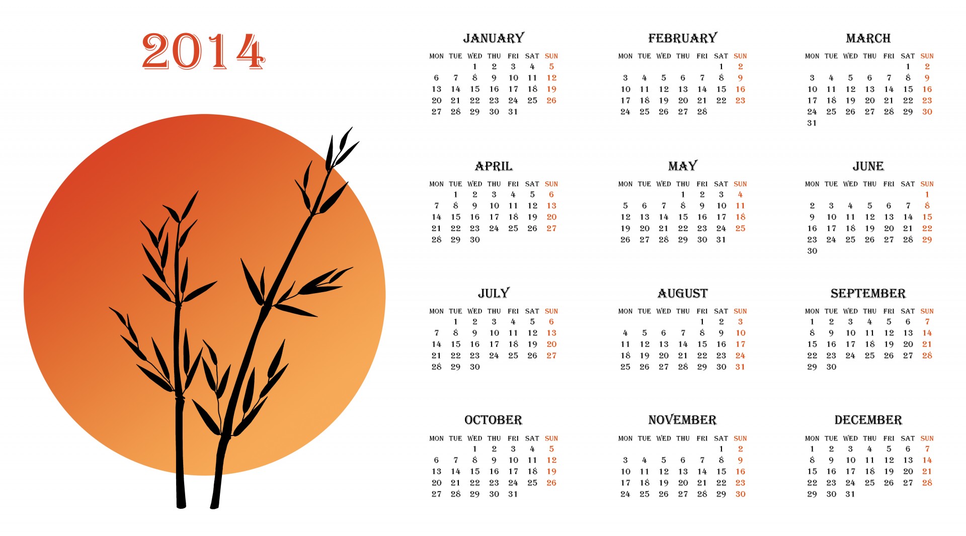 Sunset Bamboo Calendar 2014
