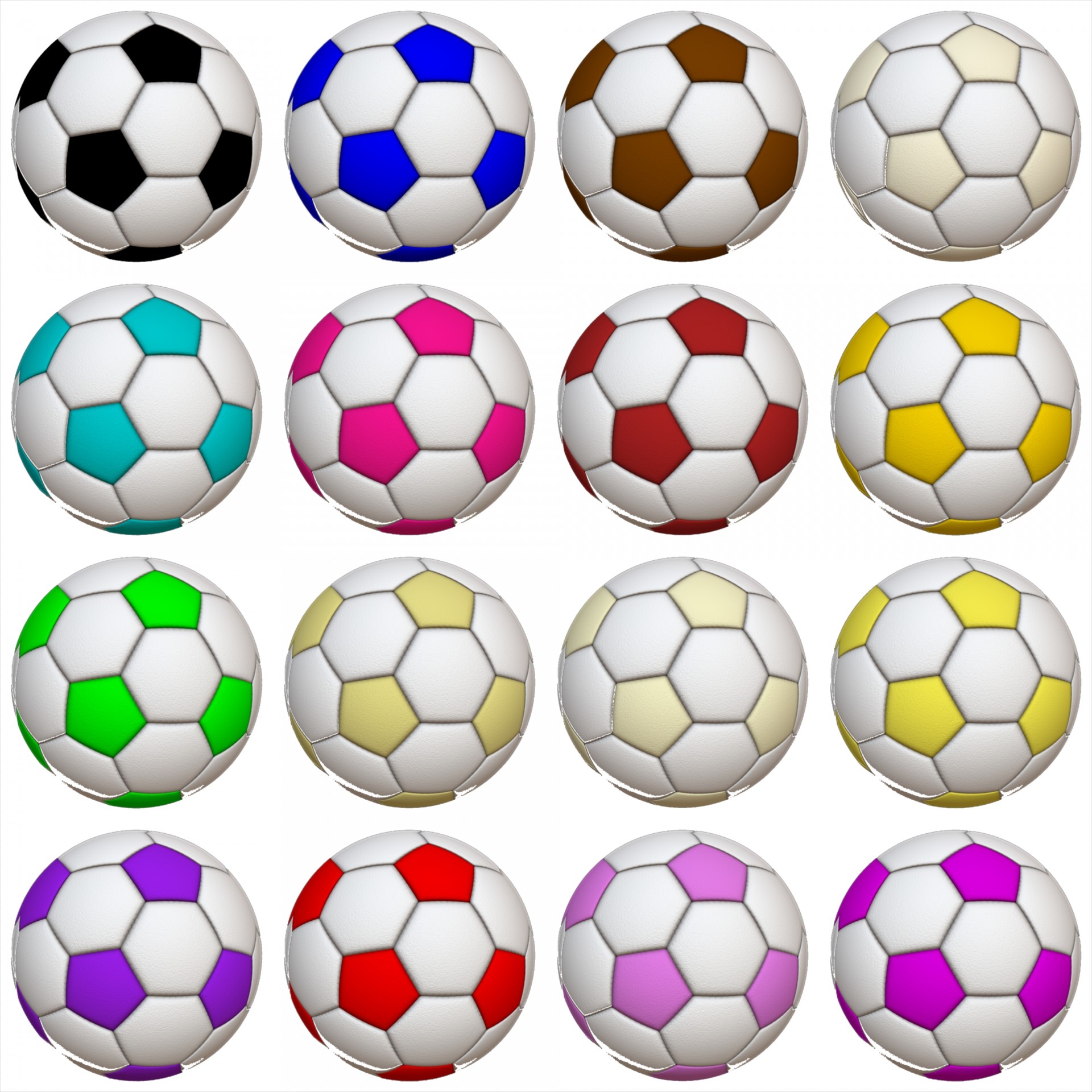 16 color soccer balls isolated on white background