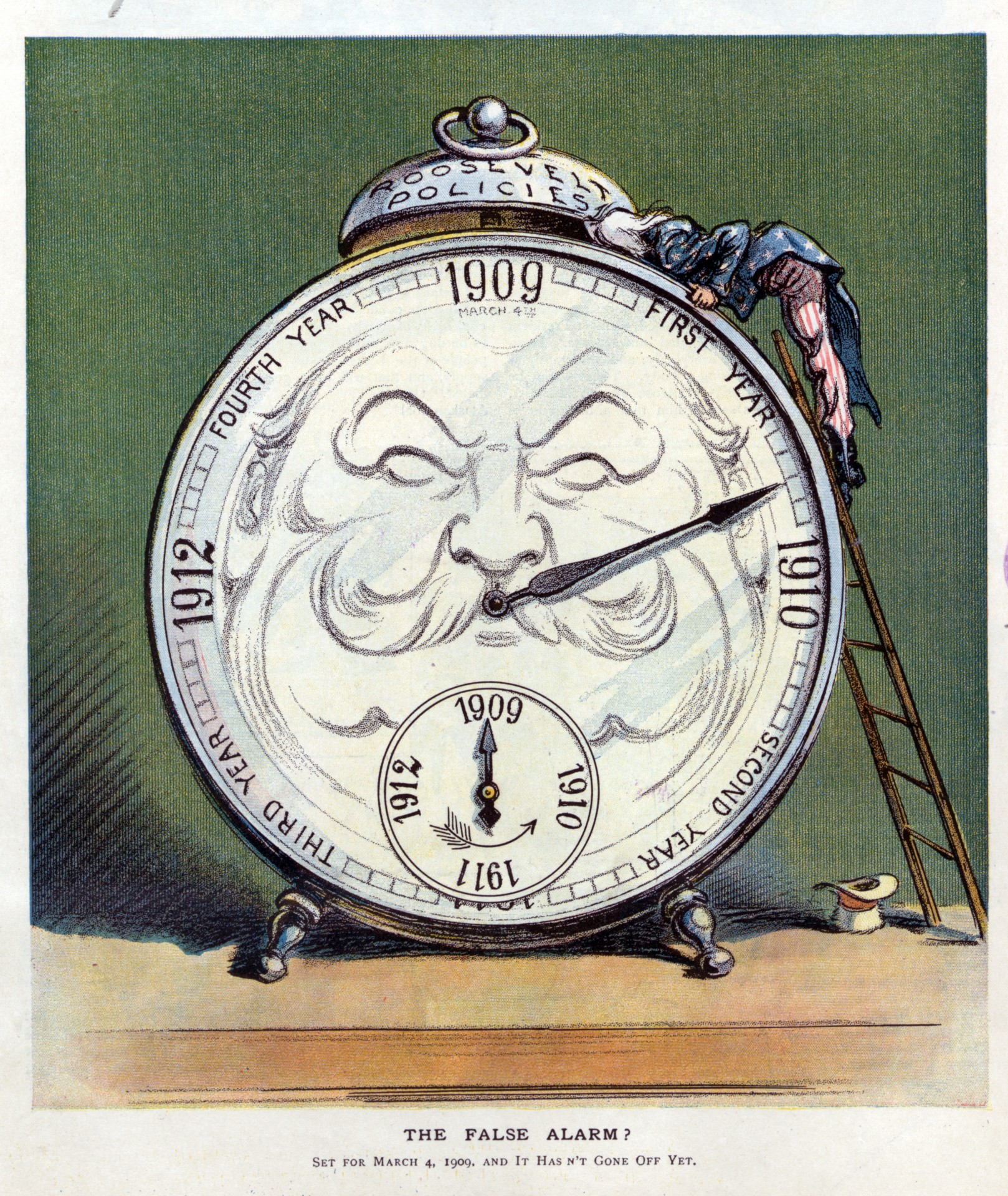 Public domain vintage political humour of an alarm clock with face