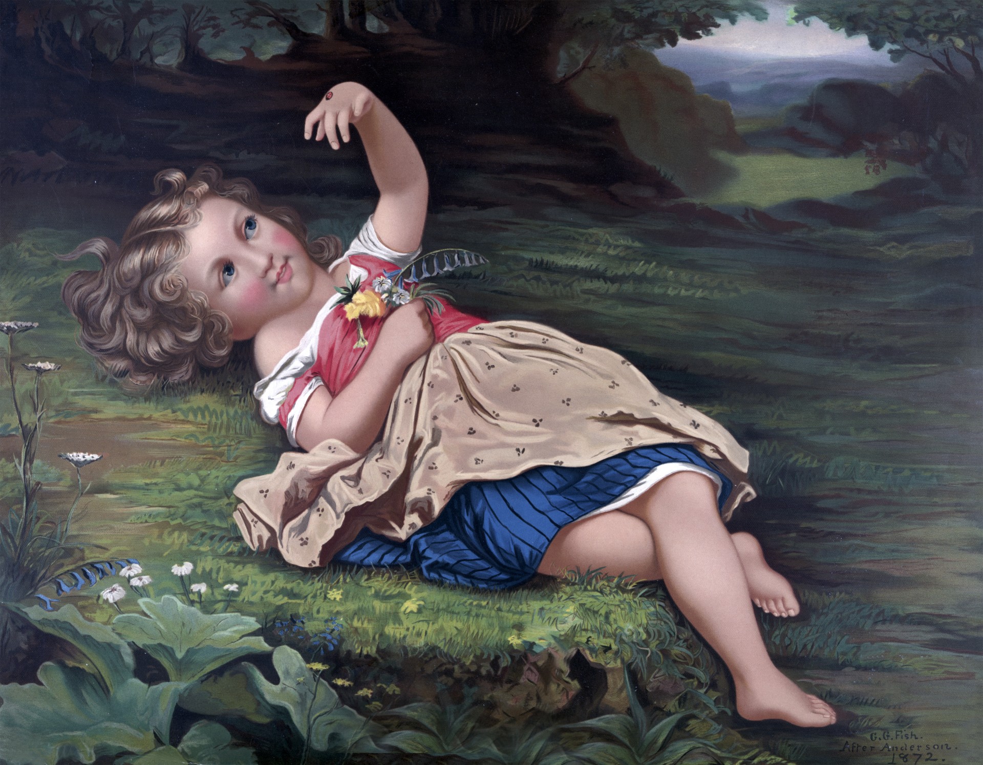 Public domain beautiful vintage painting of a little girl and a ladybug