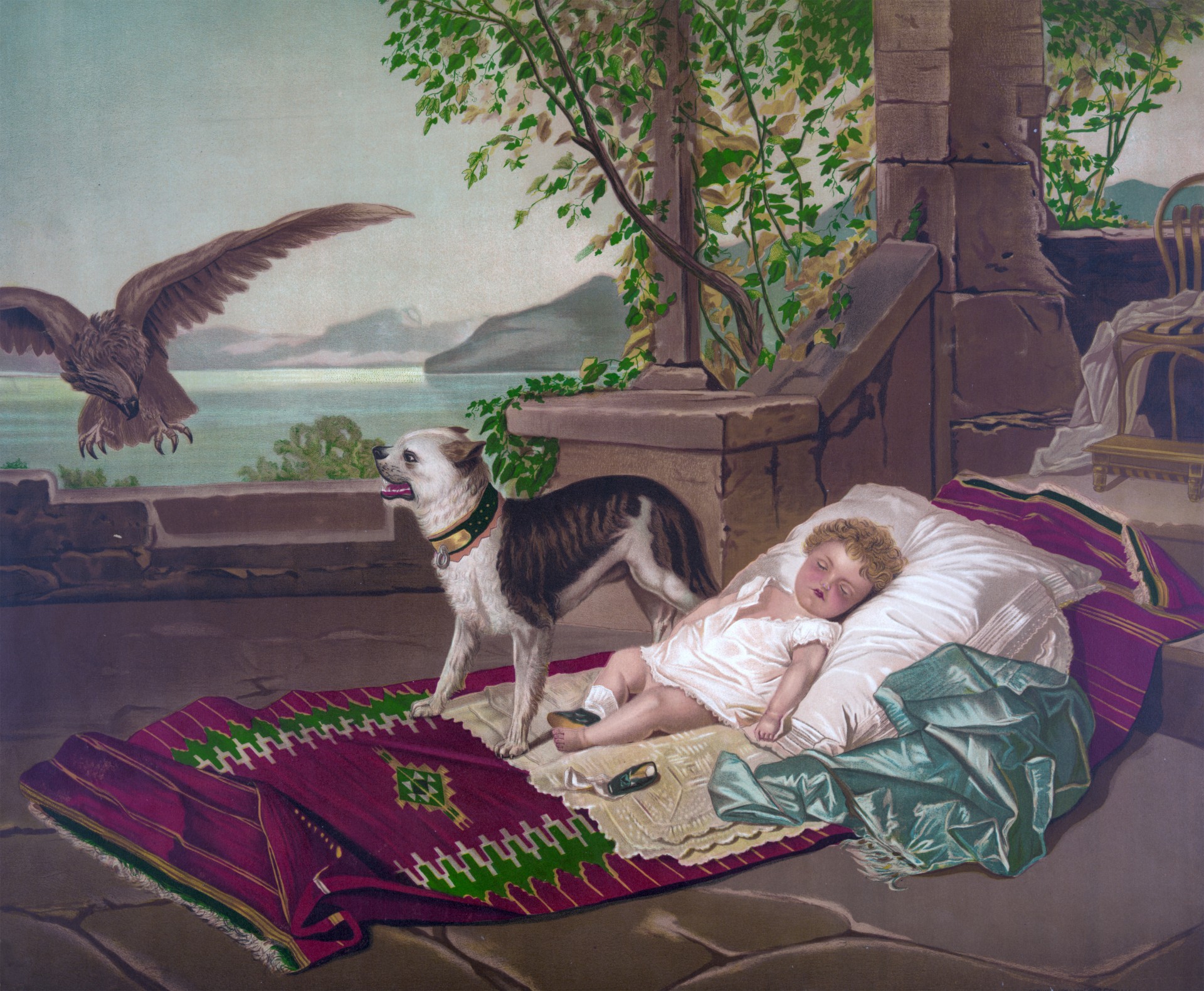 Public domain vintage painting of a dog guarding a baby from an eagle