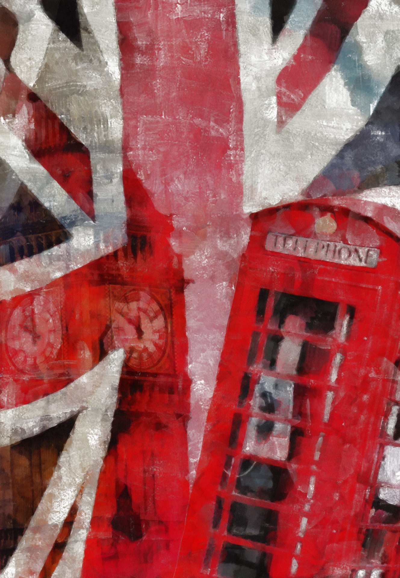 Digitally created grunge style collage painting of the Union Jack flag, a British telephone box and Big Ben.
