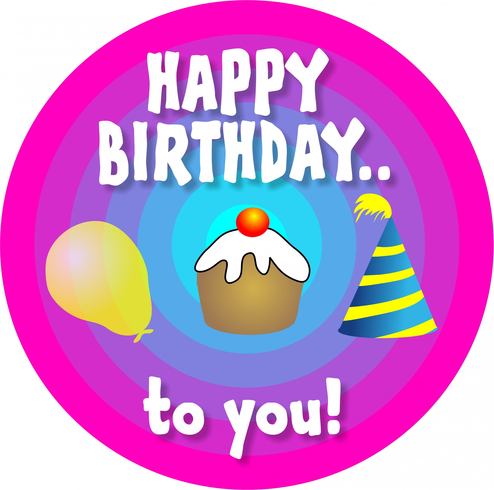 Cartoon happy birthday greeting with a cupcake, party hat and balloon.