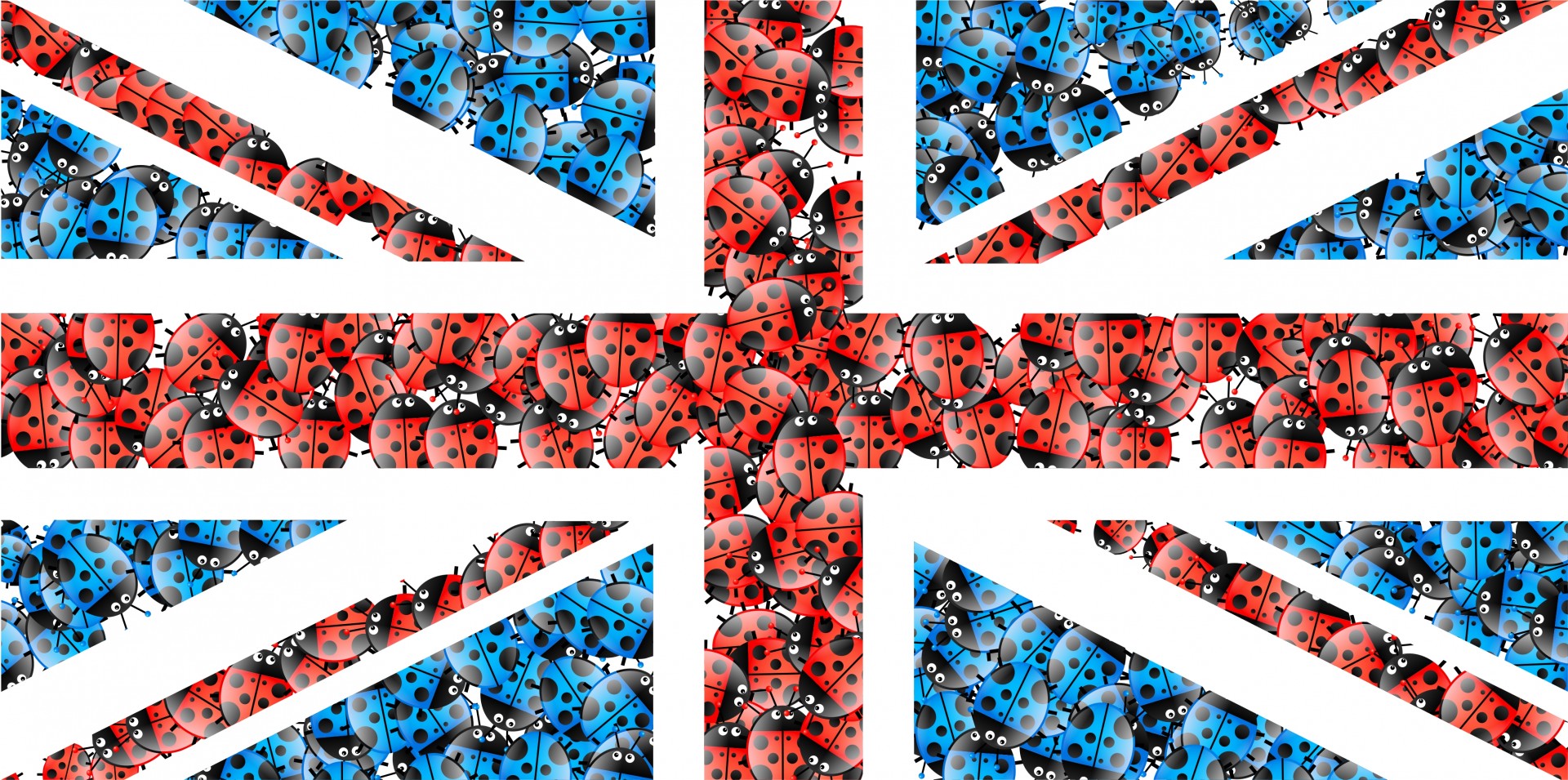 Fun and unique illustration of the UK Union Jack flag made up of cartoon ladybugs.