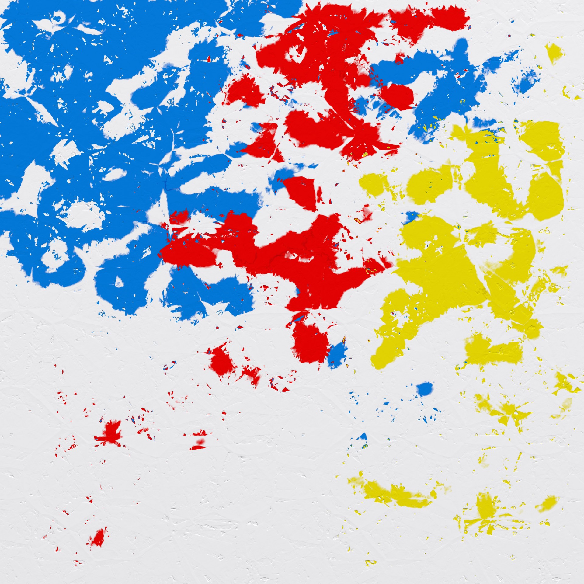 Digitally created blue, red and yellow splattering of paint on a white background.