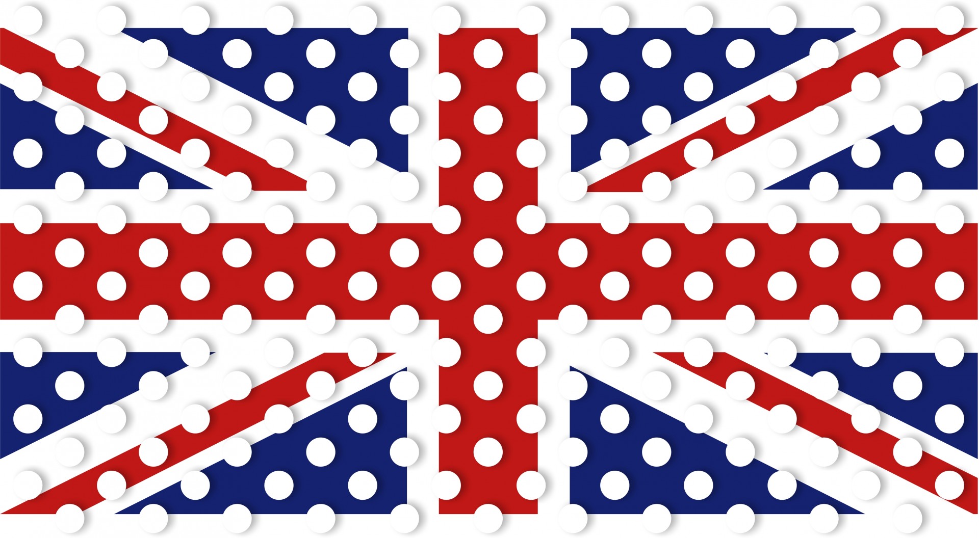 Illustration of the Union Jack of the United Kingdom with polka dots over the top.