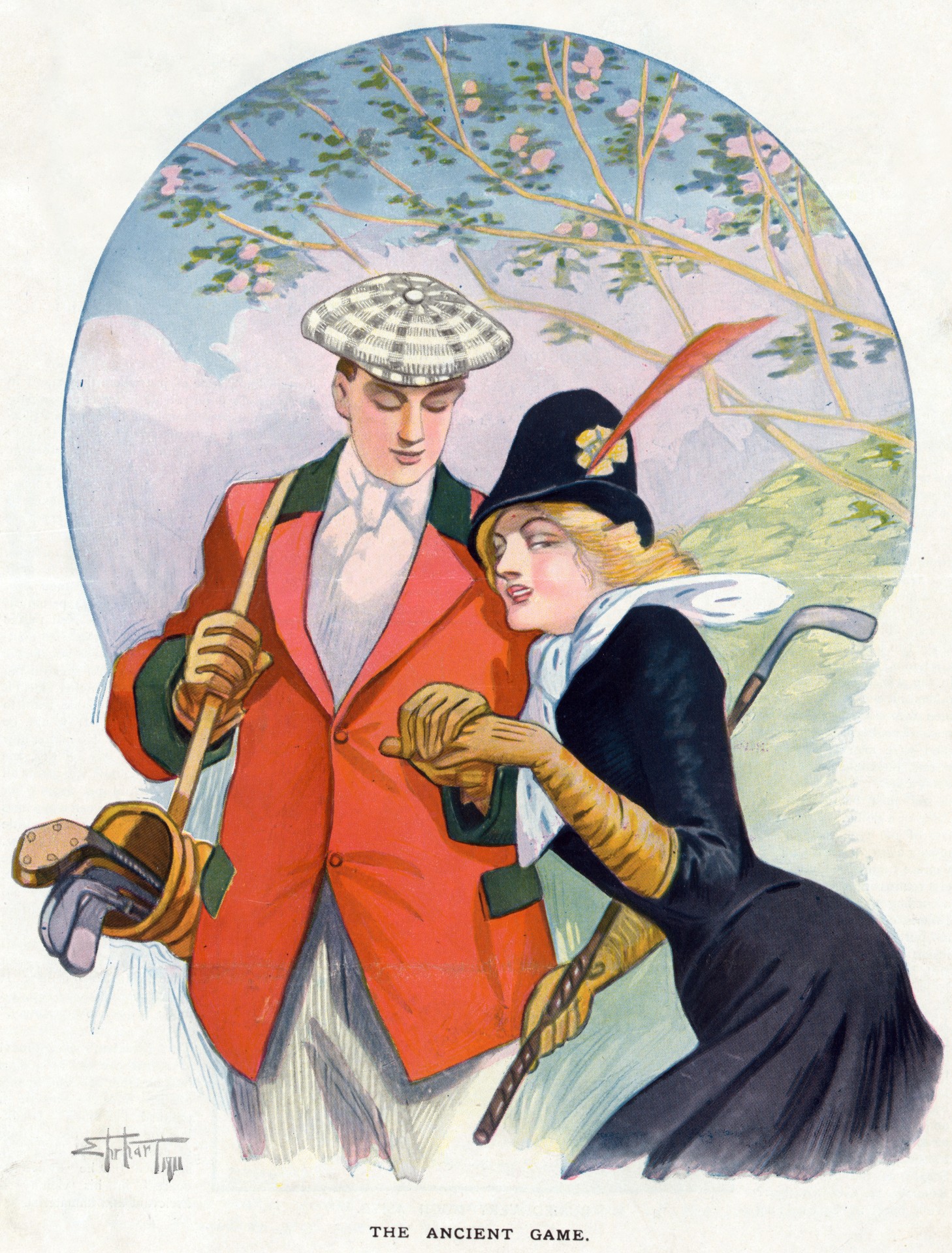 Public domain vintage poster of a romantic couple playing golf
