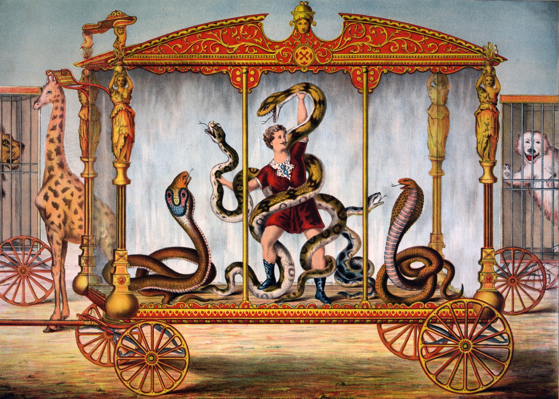 Public domain vintage illustration of a man in cage with snakes