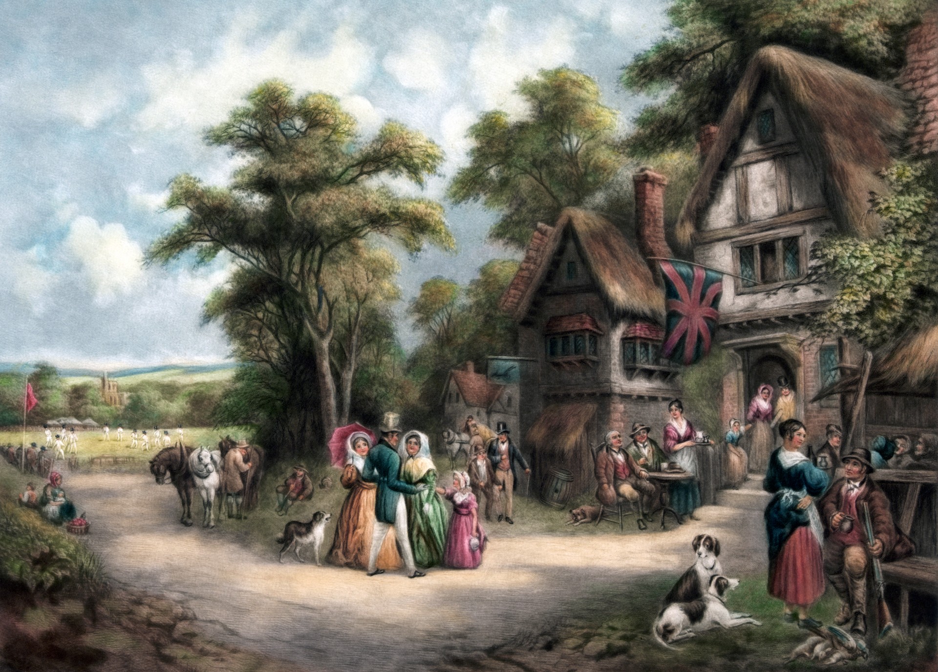 Public domain vintage painting of life in a rural english village