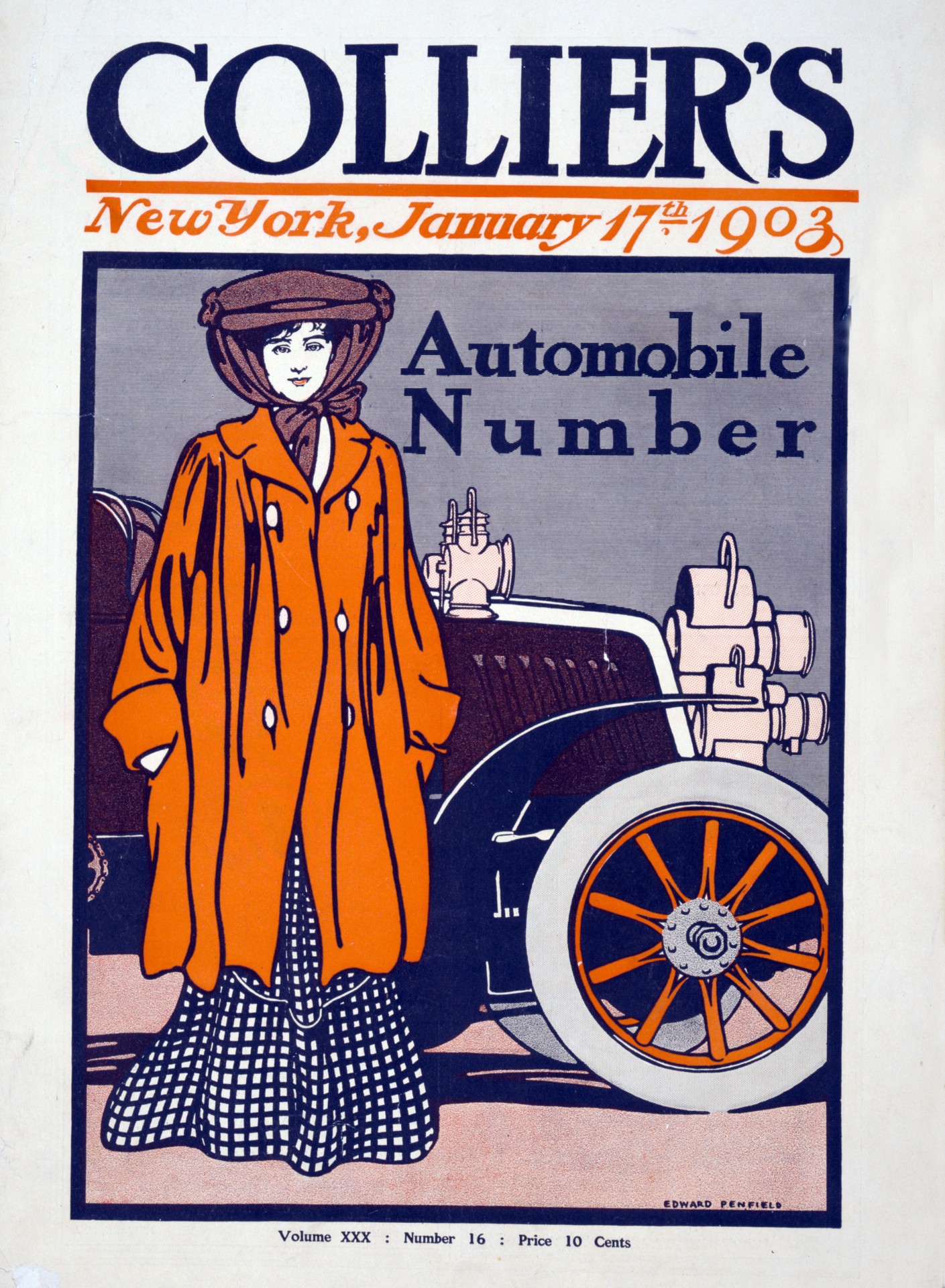 Public domain 1903 vintage illustration of a woman and car on front page of Colliers Magazine