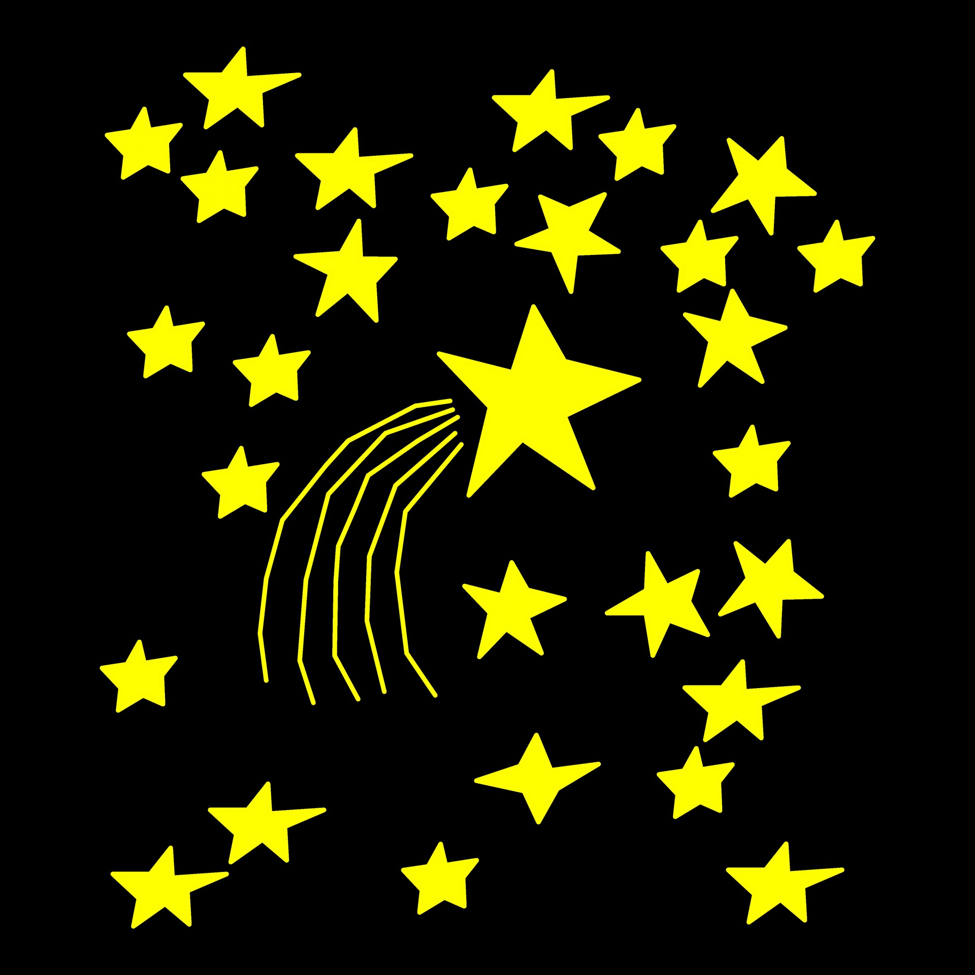 yellow comet and yellow stars on black sky