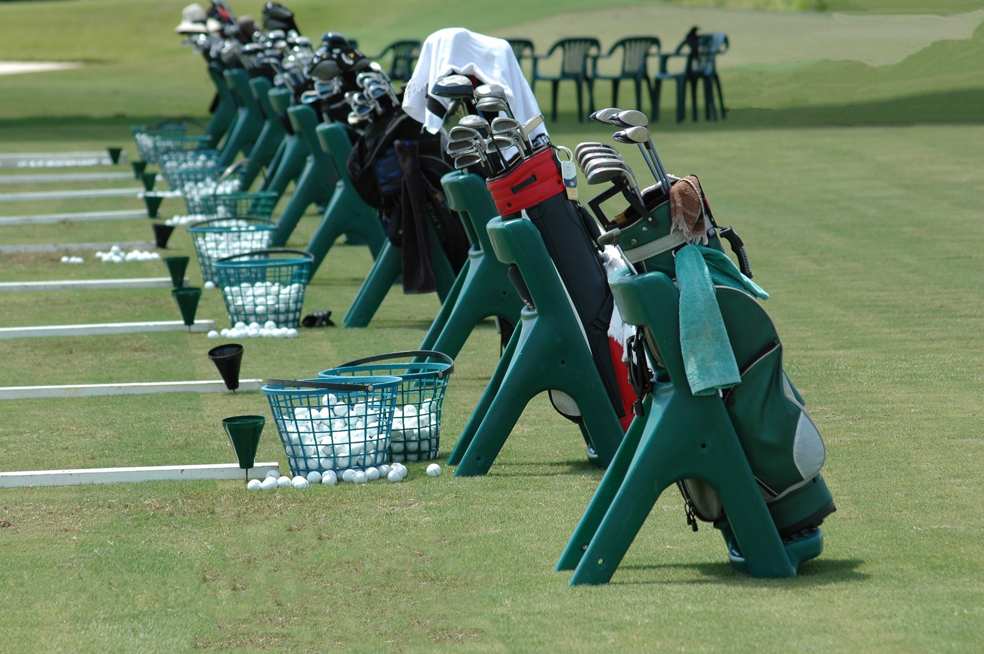 Golf bags lined up at a golf school Florida,  USA