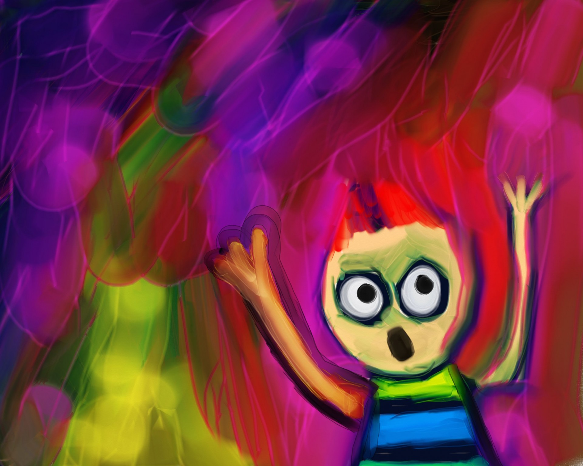 Digitally created colourful painting of a cartoon character screaming with his hands in the air.