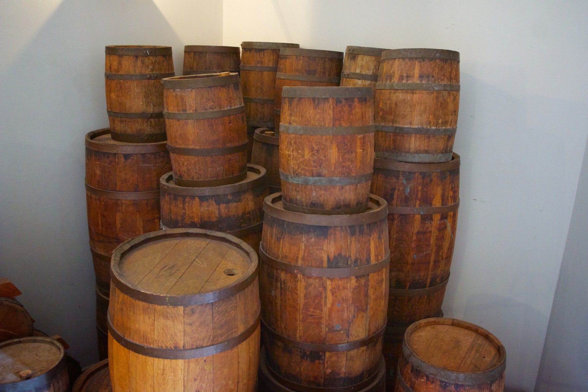 Wooden barrels store gunpowder inside the Keep of Williamsburg in Virginia.